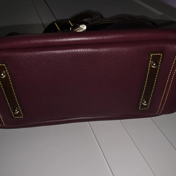 Dooney & Bourke Merlot Leather Satchel with Brown Trim and Yellow Stitching - Picture 5 of 6